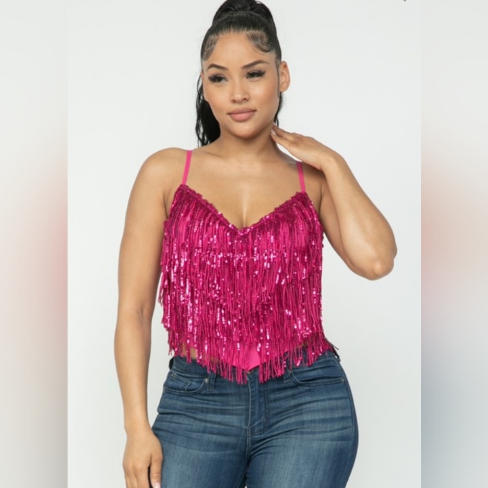 Fuschia Sequin Fringe Top